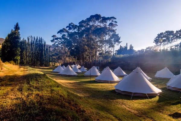 Luxury canvas tents arranged on the farm lawn